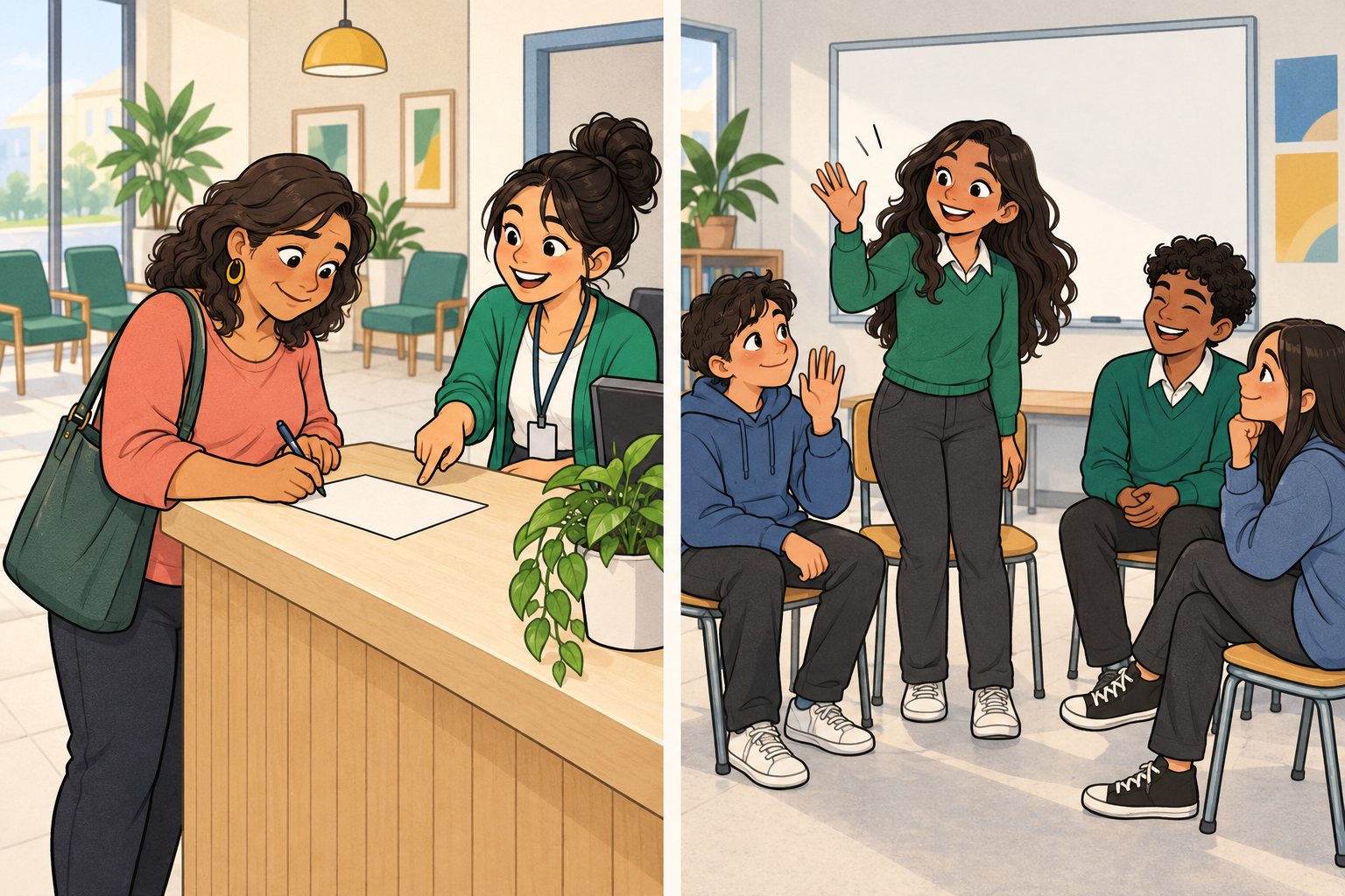 A la izquierda, una mujer llena una ficha en la recepción de un instituto mientras la recepcionista le señala dónde escribir. A la derecha, una chica se presenta saludando con la mano a un grupo de compañeros en el club de inglés del colegio.